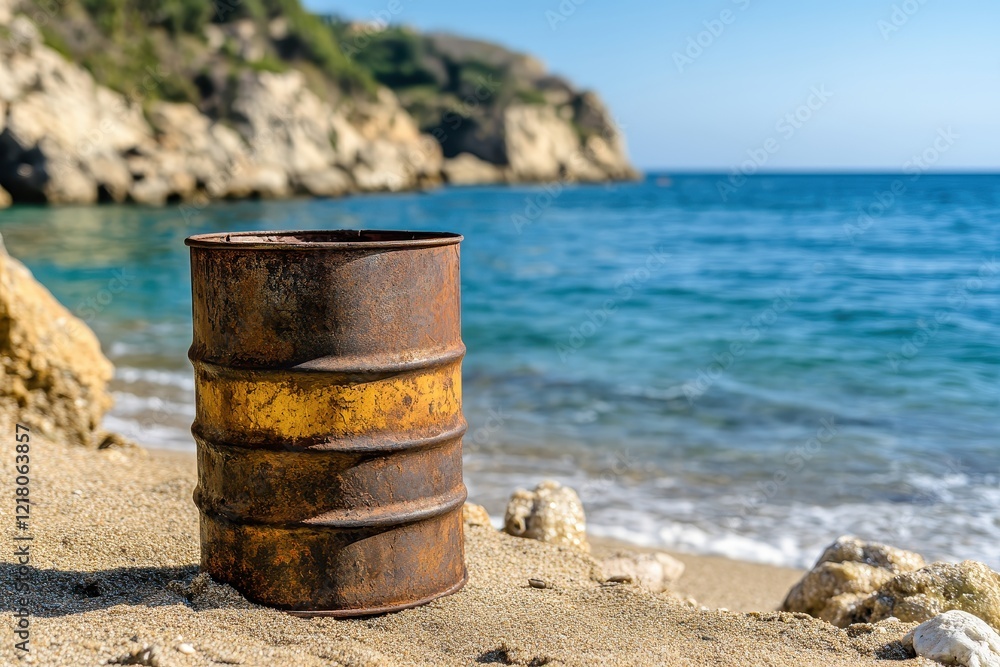 Weathered Rusty Barrel on Sandy Beach Shoreline with Calm Blue Ocean and Coastal Cliffs Under Clear Sky in Scenic Nature Landscape