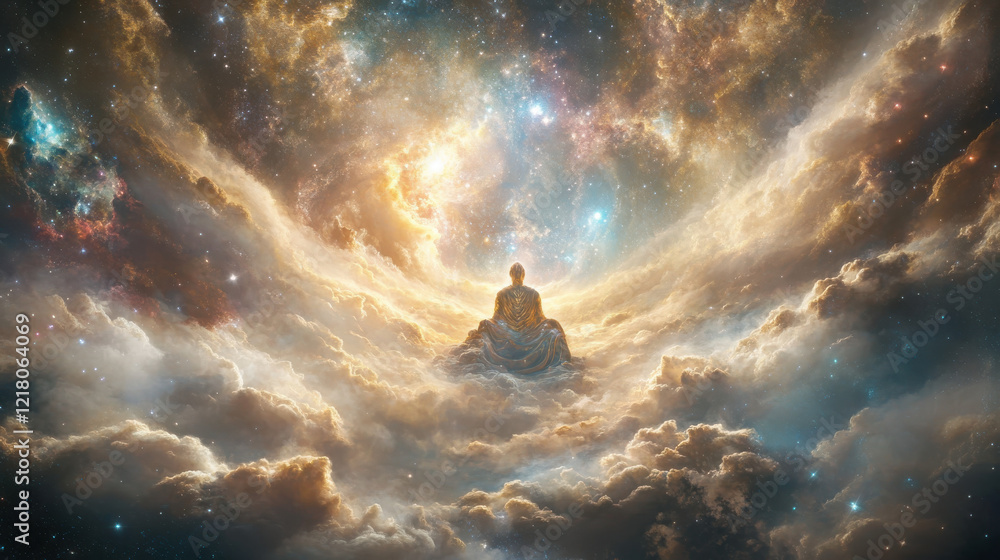 A majestic figure seated on a celestial throne, robed in shimmering gold and blue garments, surrounded by swirling clouds and vibrant rays of light. Background of an expansive A majestic figure seated on a celestial throne, robed in shimmering gold and blue garments, surrounded by swirling clouds and vibrant rays of light. Background of an expansive