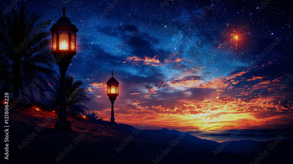 Fototapeta premium Desert Night: Magical Sunset and Starry Sky Landscape