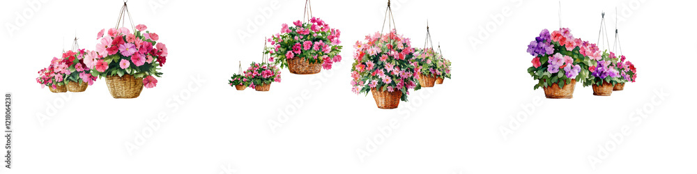 Fototapeta premium Beautiful and Colorful Hanging Flower Baskets Arrangements with Pink and Purple Blooming Floral Bouquets Decorating Tropical Home Interior and Outdoor Garden Environment