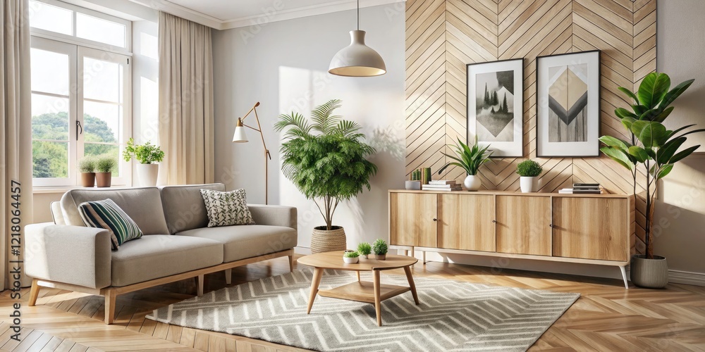 Minimalist Scandinavian Living Room Interior with Light Wood Frame and Chevron Cabinet - Modern Design, Cozy Atmosphere, Natural Elements, and Elegant Decor for Contemporary Spaces Minimalist Scandinavian Living Room Interior with Light Wood Frame and Chevron Cabinet - Modern Design, Cozy Atmosphere, Natural Elements, and Elegant Decor for Contemporary Spaces