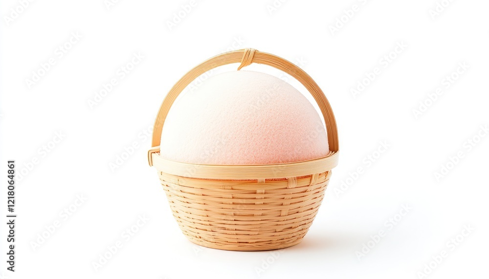 A soft pink spherical object nestled in a woven basket, showcasing minimalist design against a white backdrop A soft pink spherical object nestled in a woven basket, showcasing minimalist design against a white backdrop