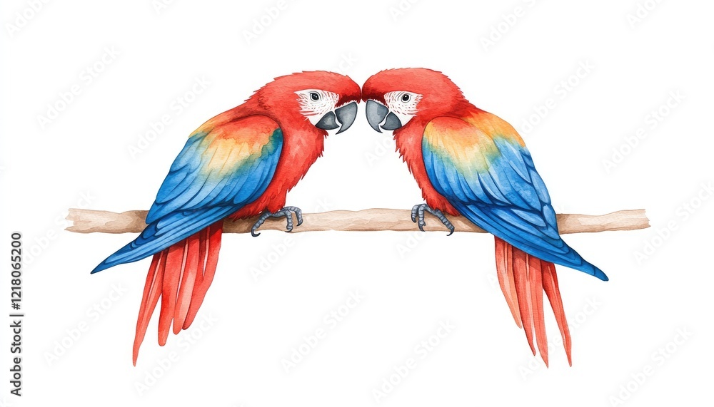 Obraz premium Two vibrant macaws perched closely on a branch, showcasing their colorful feathers against a white background