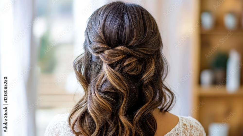 Close-up of a womans hair styled in a trendy, half-up, half-down look, with soft curls and a polished, sophisticated finish. Close-up of a womans hair styled in a trendy, half-up, half-down look, with soft curls and a polished, sophisticated finish.