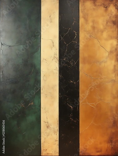 Vertical stripes of teal, beige, black, and gold faux marble.
