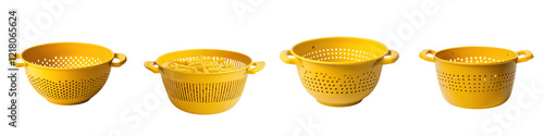 Multiple yellow plastic colander or strainer baskets arranged in a studio setting with a plain white background  The kitchen utensils have a perforated mesh design for draining and filtering food