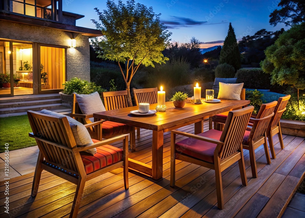 custom made wallpaper toronto digitalNight Patio Dining Set: Sunlit Wood, Cozy Cushions, Outdoor Gathering