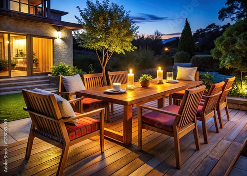 Wallpaper Mural Night Patio Dining Set: Sunlit Wood, Cozy Cushions, Outdoor Gathering Torontodigital.ca