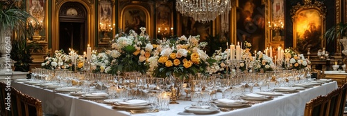 Elegant wedding reception table setting in a grand ballroom with gold accents, floral centerpieces, and candlelight.