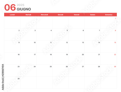 Calendario 2025. La settimana del calendario 2025 inizia il lunedì. Calendario aziendale minimalista per Giugno 2025 photo