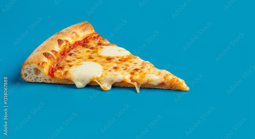 A close-up of a greasy cheesy pizza slice with oozing mozzarella on a vibrant blue background with negative space for text or graphics, ideal for minimalistic and visually appealing designs A close-up of a greasy cheesy pizza slice with oozing mozzarella on a vibrant blue background with negative space for text or graphics, ideal for minimalistic and visually appealing designs