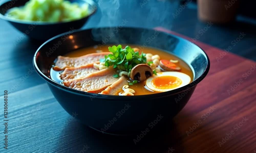 Steaming hot bowl of ramen noodles with sliced meat, egg, mushrooms, and greens. Steaming hot bowl of ramen noodles with sliced meat, egg, mushrooms, and greens.