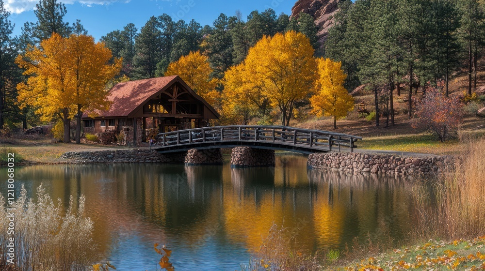 Autumnal pond scene with bridge and lodge. Autumnal pond scene with bridge and lodge.