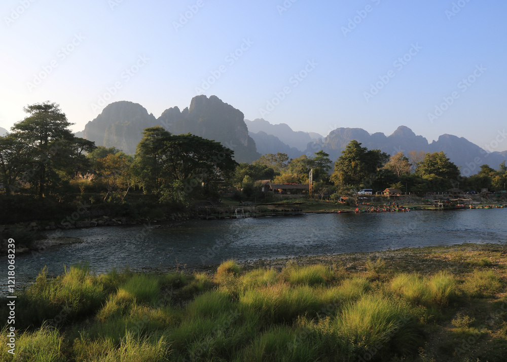 Nam Song River and mountains surrounding Vang Vieng, Laos. Nam Song River and mountains surrounding Vang Vieng, Laos.