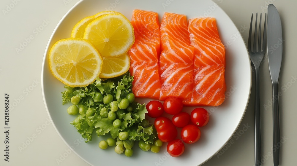 Healthy Balanced Diet Concept. Salmon Fish, Fresh Green Vegetables and Fruits on a White Plate Healthy Balanced Diet Concept. Salmon Fish, Fresh Green Vegetables and Fruits on a White Plate