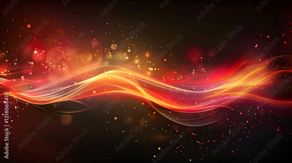 Obraz premium A vibrant abstract design featuring flowing lines and sparkling particles in warm colors.