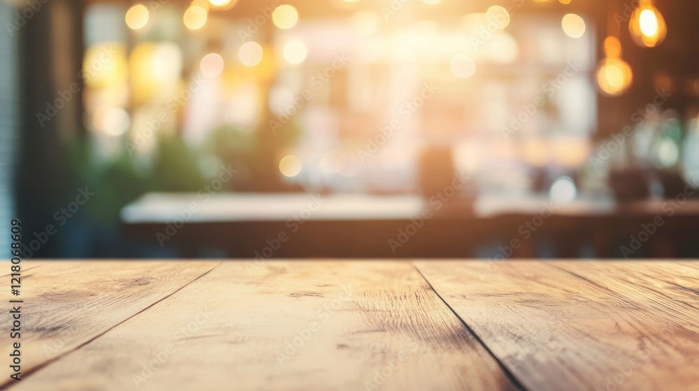 This cozy cafe setting features an empty wooden table illuminated by soft, warm lights, inviting customers to unwind and enjoy This cozy cafe setting features an empty wooden table illuminated by soft, warm lights, inviting customers to unwind and enjoy