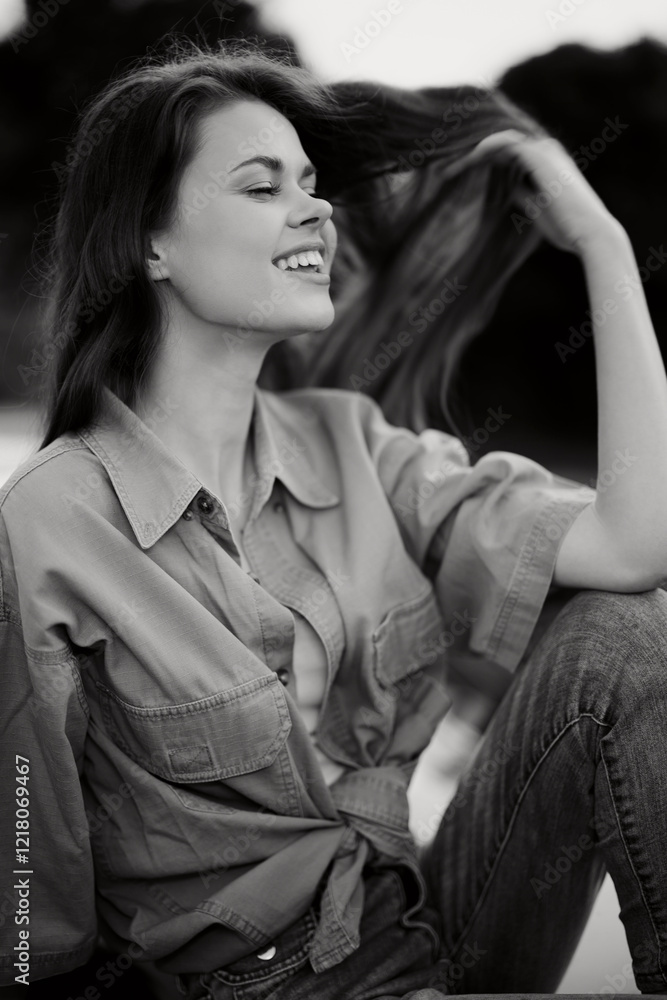 Naklejka premium A carefree young woman enjoying the moment while playfully touching her hair, dressed in a relaxed outfit, set against a blurred outdoor background.