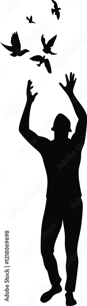 Man with Flying Bird Silhouette Vector Man with Flying Bird Silhouette Vector