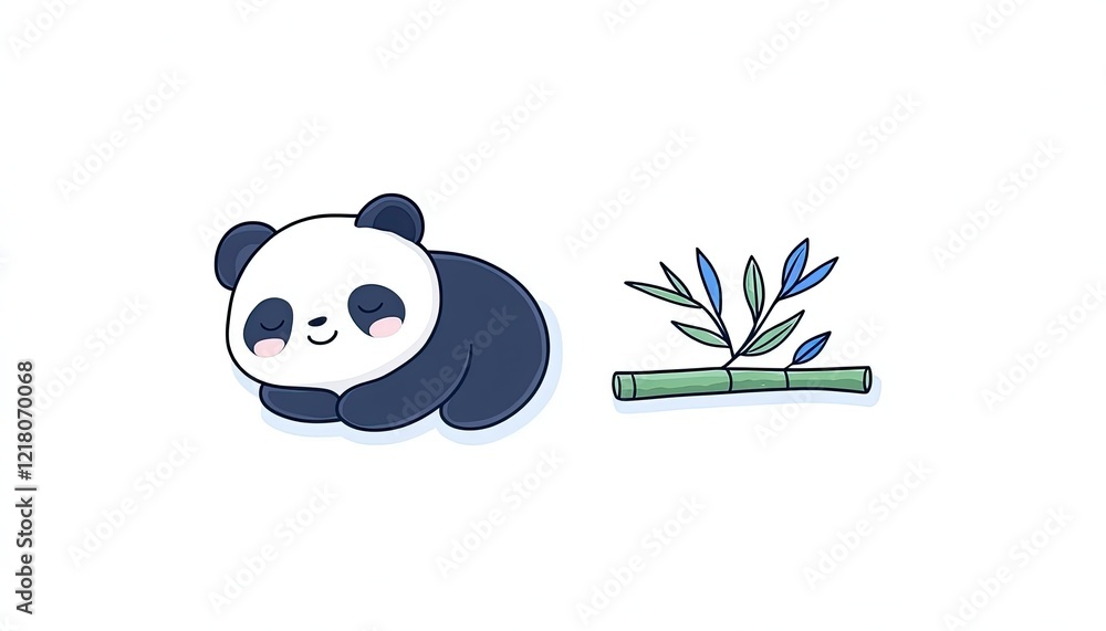 Cute cartoon panda resting beside bamboo, set against a simple white background, ideal for children's designs Cute cartoon panda resting beside bamboo, set against a simple white background, ideal for children's designs