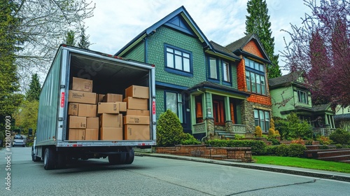 Moving truck filled with boxes parked outside a house. photo