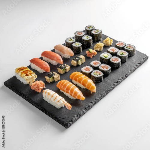 Assorted sushi platter, restaurant food, seafood, Japanese cuisine, delicious meal, white background,  promotional use photo