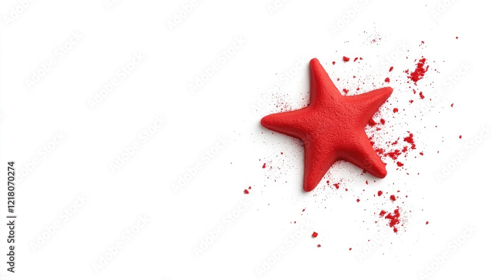 Bright red starfish on a white background with scattered red powder, ideal for marine-themed designs Bright red starfish on a white background with scattered red powder, ideal for marine-themed designs