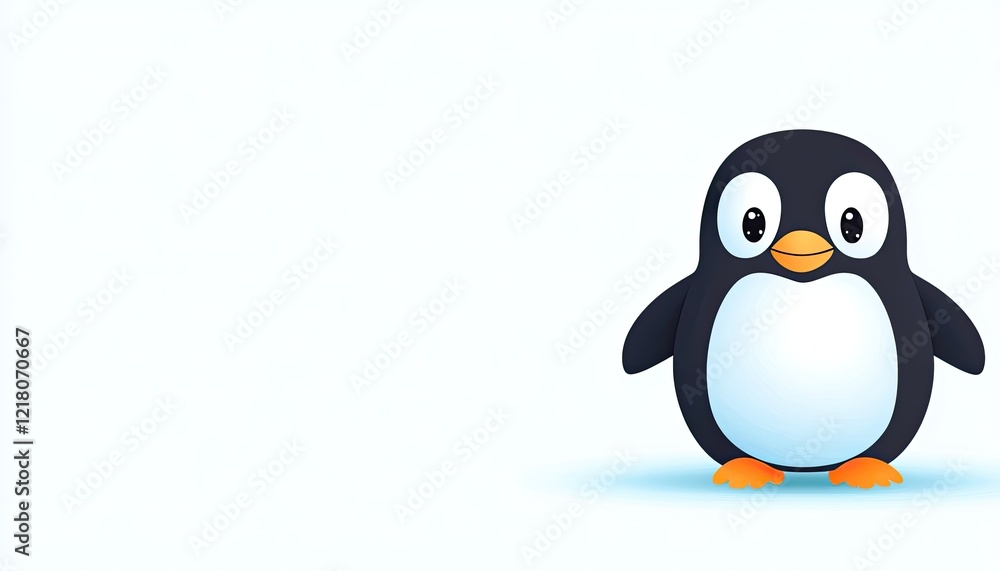 Fototapeta premium Cute cartoon penguin character standing on a light blue background, ideal for children's media