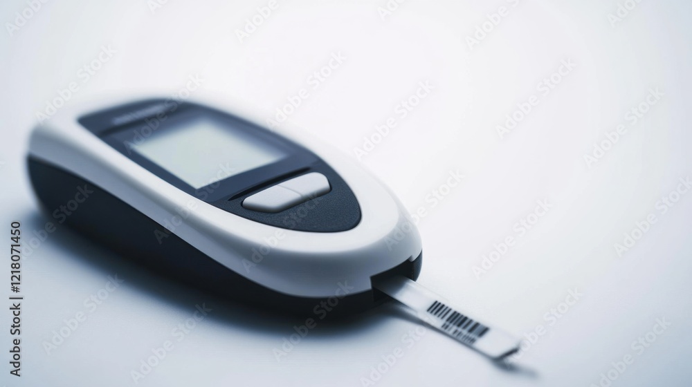 A high-resolution close-up of a medical device for measuring blood glucose levels, showing the device’s display and test strip, against a white background A high-resolution close-up of a medical device for measuring blood glucose levels, showing the device’s display and test strip, against a white background
