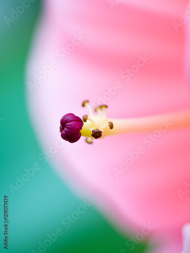 Delicate Pink Flower Macro Photography: Anther Dehiscence, Shallow Depth of Field, Hyperrealistic photo