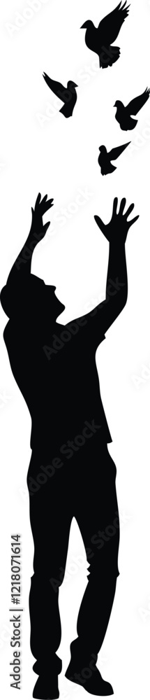 Man with Flying Bird Silhouette Vector Artwork Man with Flying Bird Silhouette Vector Artwork