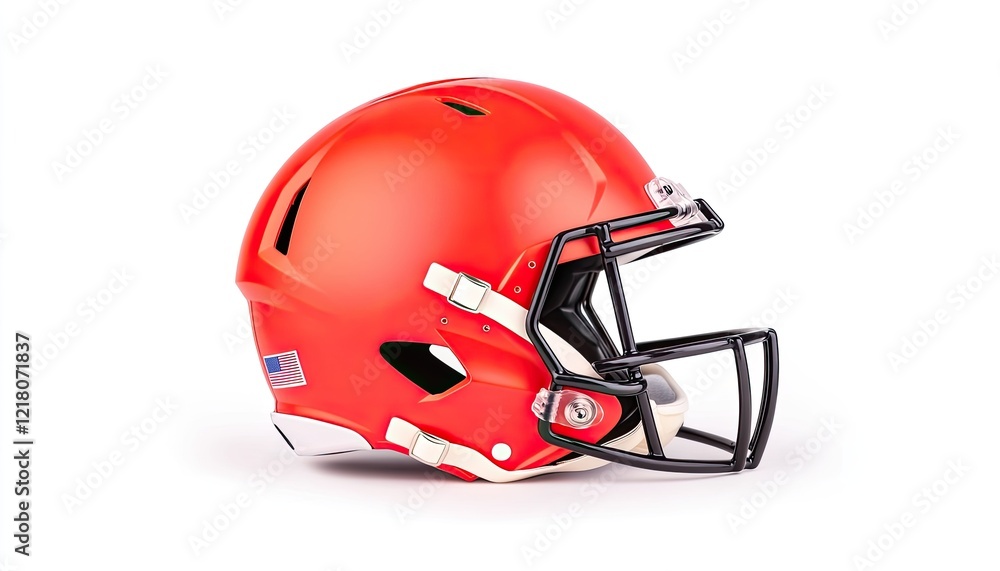 Naklejka premium Bright orange football helmet displayed on a clean white background, ideal for sports marketing
