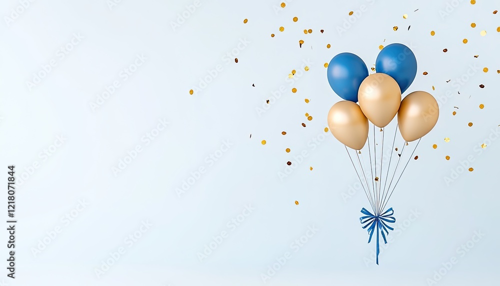 Fototapeta premium Colorful balloons in blue, gold, and white, celebrating a festive occasion with confetti