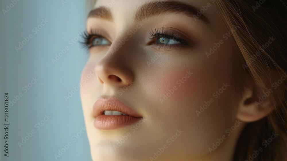High-resolution close-up of a woman with beautifully done makeup, including elegant eye makeup and a soft, natural lip color, capturing her graceful style. High-resolution close-up of a woman with beautifully done makeup, including elegant eye makeup and a soft, natural lip color, capturing her graceful style.