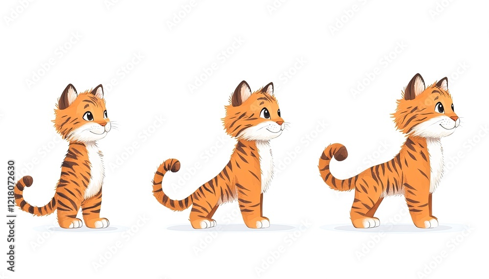 Three cartoon tigers in various playful poses, showcasing their unique features and expressions Three cartoon tigers in various playful poses, showcasing their unique features and expressions