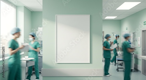  A blank white poster frame on the wall of an hospital interior , doctors and nurses in motion blur working around the room, window light from outside