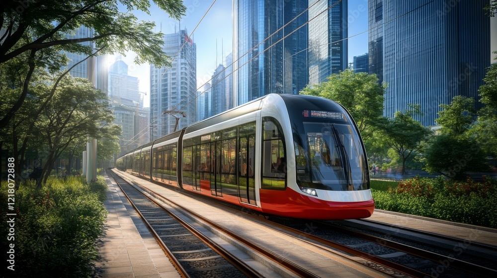 Naklejka premium High-resolution view of an electric train speeding through an urban environment, showcasing the blend of modern technology and cityscape.