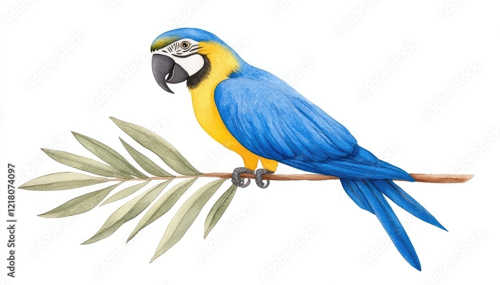 Fototapeta premium Vibrant blue and yellow macaw perched on a green branch against a plain background