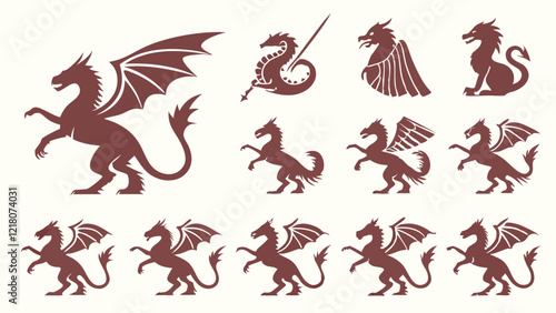 Flat icons showcasing mythical creatures like dragons, griffins, mermaids, and hydras in silhouette style