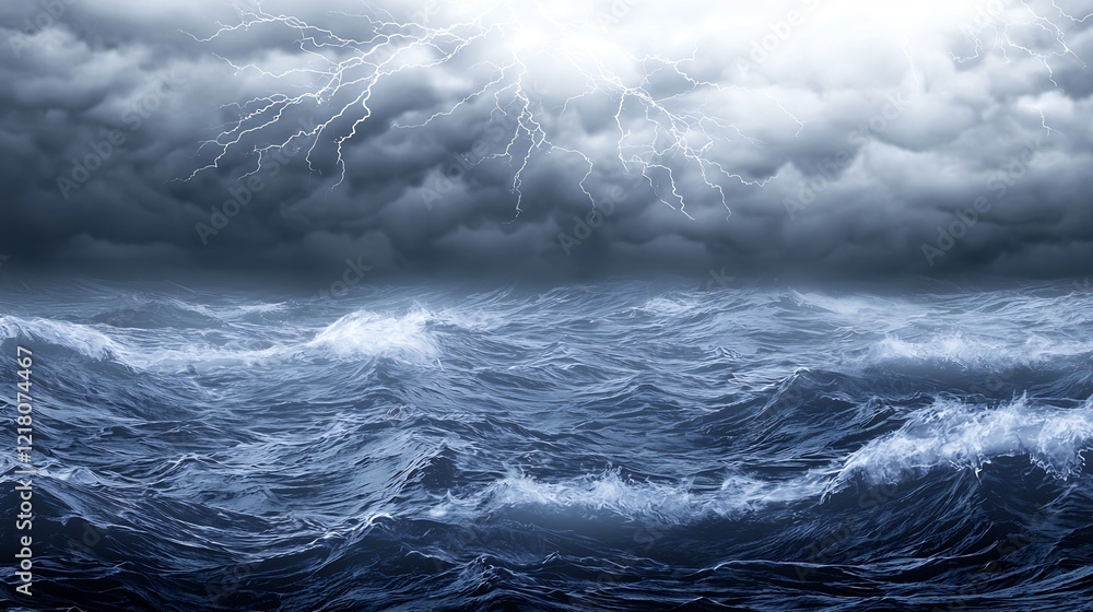 Fototapeta premium A stormy sea with dark clouds and bright lightning strikes over restless waves creating a dramatic scene