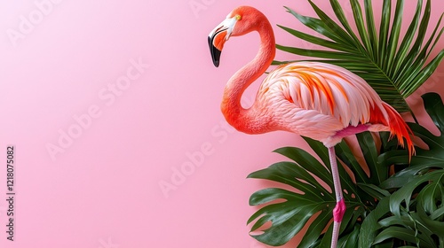 Pink flamingo tropical leaves pink background summer vacation