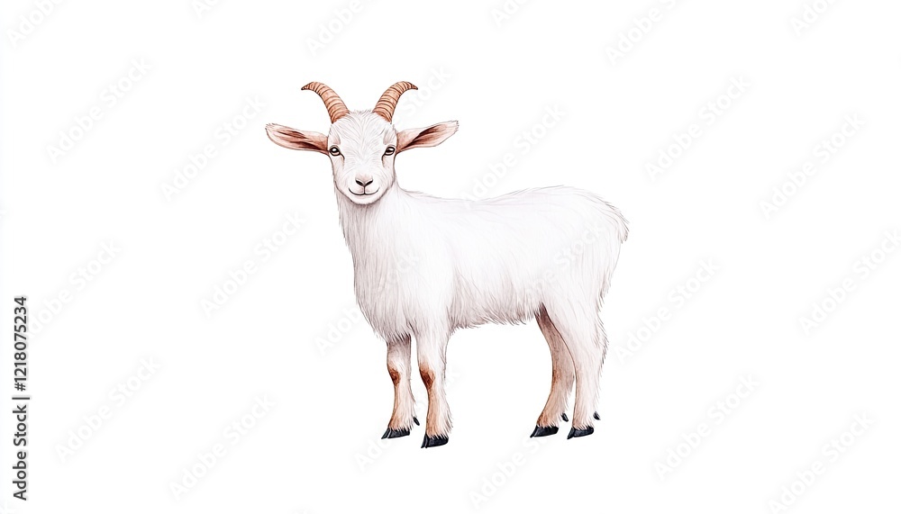 A charming white goat stands confidently, showcasing its fluffy coat and curved horns A charming white goat stands confidently, showcasing its fluffy coat and curved horns