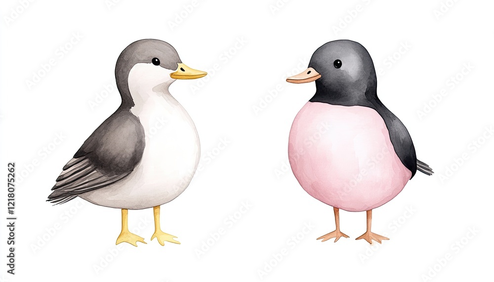 Fototapeta premium Two colorful cartoon birds standing side by side on a white background, showcasing their unique features and colors