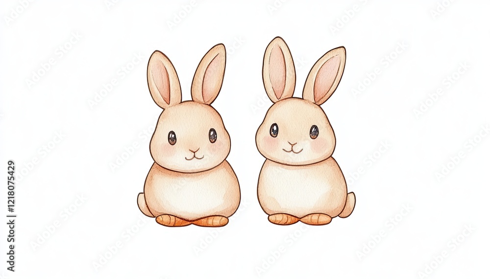 Obraz premium Two adorable cartoon rabbits sitting side by side against a plain white background, ideal for children's illustrations