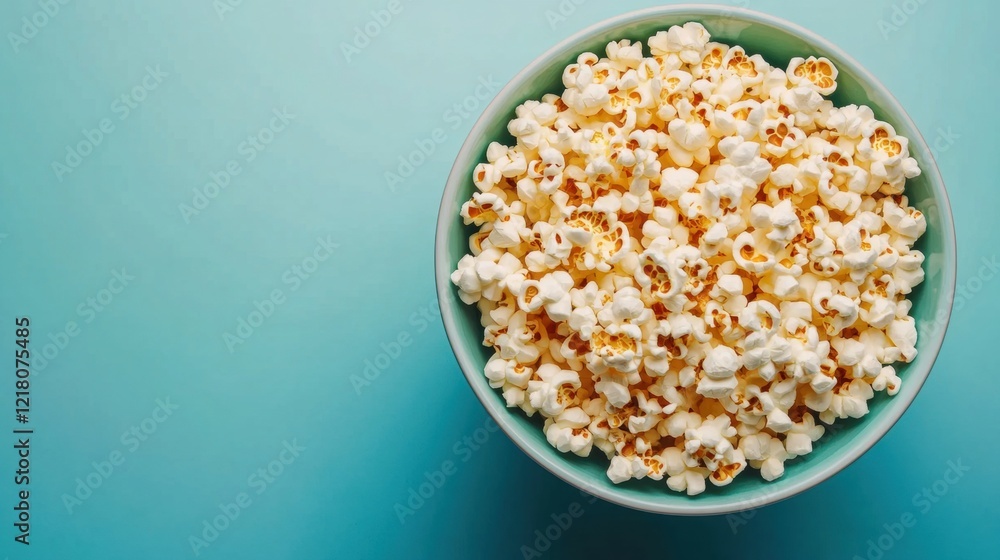 A fresh bowl of popcorn sits against a bright blue background, ideal for movie nights or casual gatherings with friends A fresh bowl of popcorn sits against a bright blue background, ideal for movie nights or casual gatherings with friends