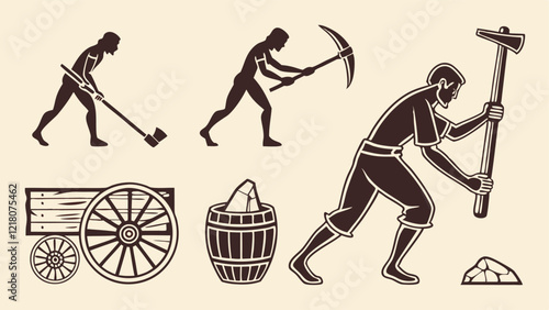 Flat icons illustrating ancient tools including hand axes, pottery, papyrus, and carts in silhouette style
