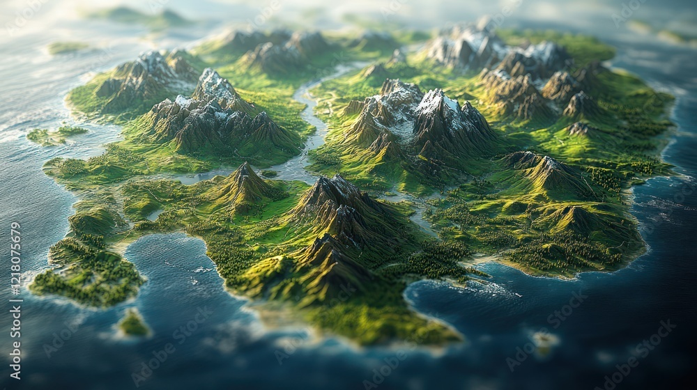 Fototapeta premium Island Paradise: A Breathtaking Aerial View of Lush Mountains and Coastline
