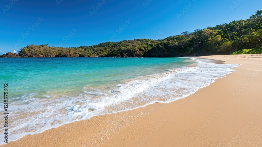Obraz premium Seascape and waves dynamic, A serene beach scene with clear turquoise waters, gentle waves, and golden sand under a bright blue sky, surrounded by lush greenery.