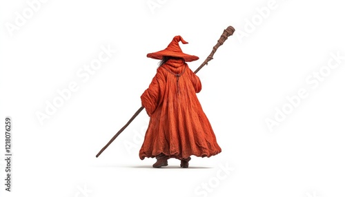 A whimsical wizard in an orange cloak and pointed hat stands with a staff, set against a plain background