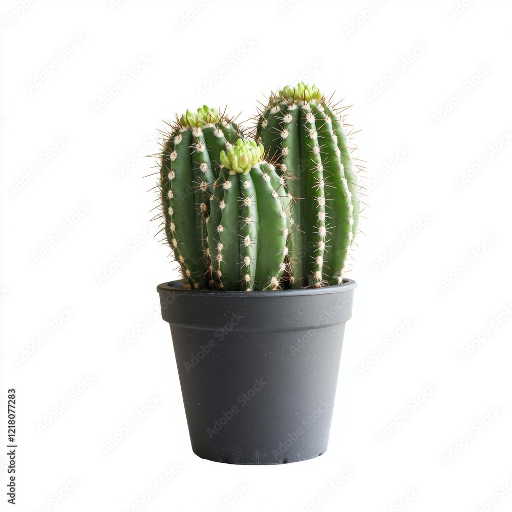 Cereus cactus in a black pot, isolated on white background. A vibrant green succulent plant with thorns. Cereus cactus in a black pot, isolated on white background. A vibrant green succulent plant with thorns.